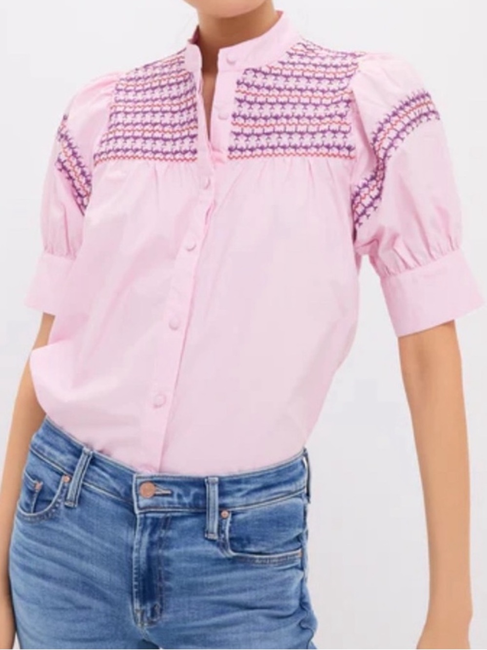 The Shirt by Rochelle Behrens Pastel Pink Embroidered Button-Down Blouse